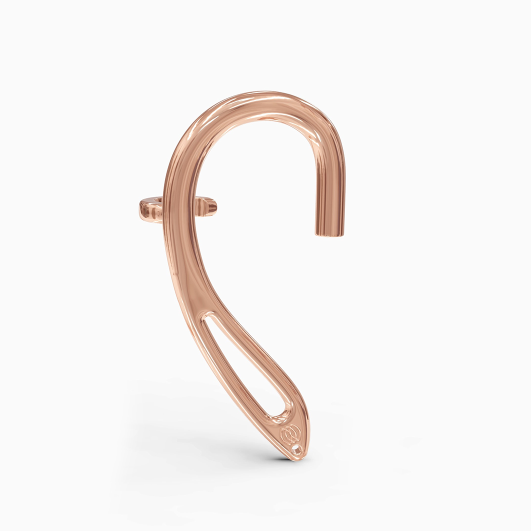 Side profile of rose gold cuff securing AirPod comfortably
