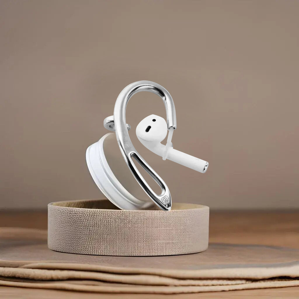 Front view of silver Swirls side-clip ear cuff designed for AirPods