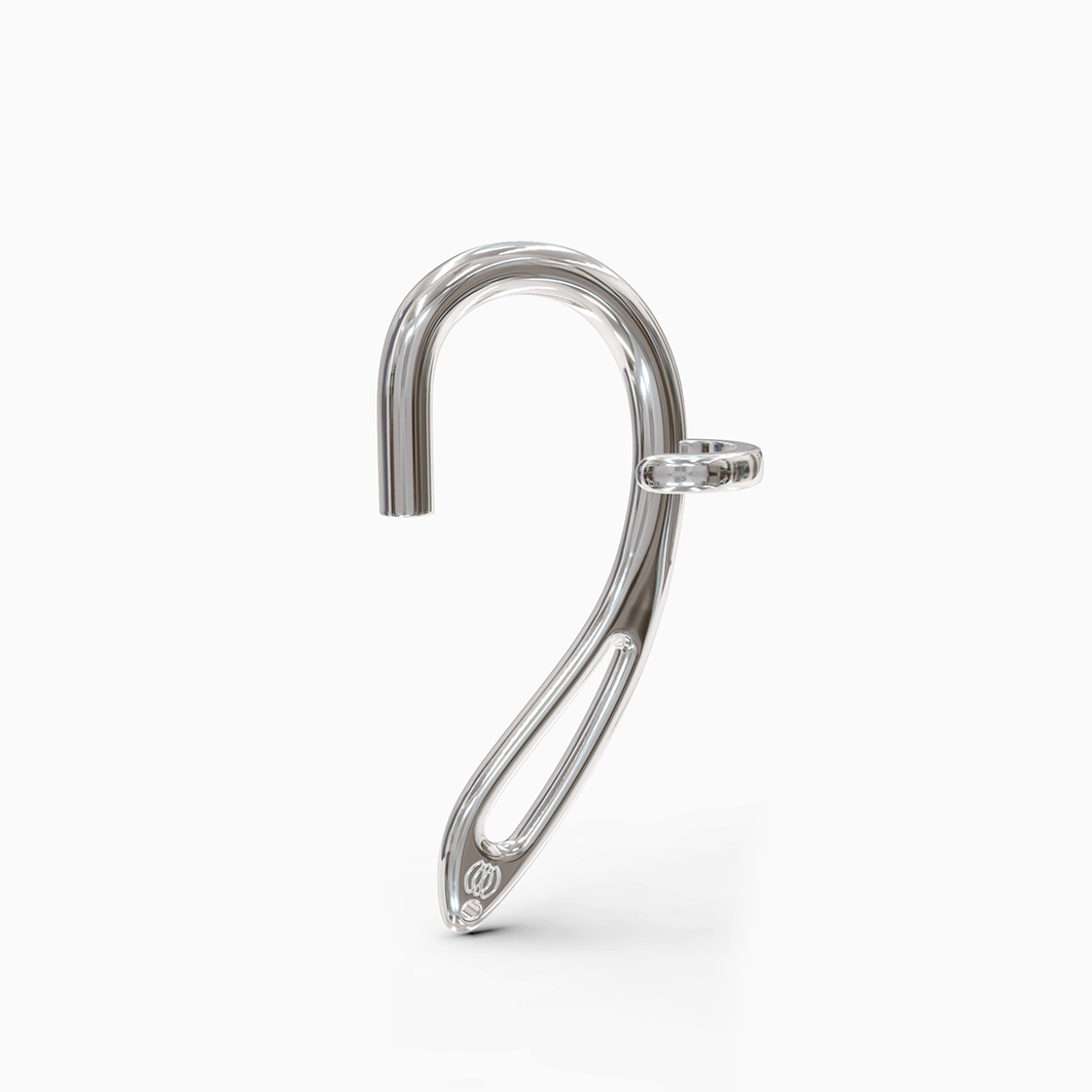 Side view of over-ear silver ear cuff positioning AirPod clamp
