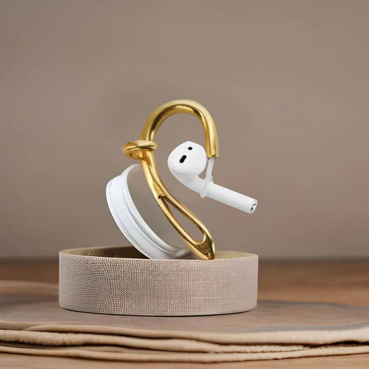 Front view of gold Elegance side-clip ear cuff for AirPod tech jewelry