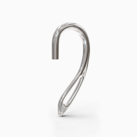 Front view of handmade silver Swirls ear cuff with AirPod clamp for ergonomic wearable audio