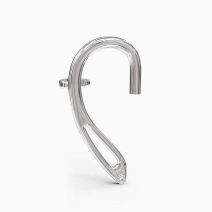 Angled image of silver ear cuff with over-ear clip for secure fit